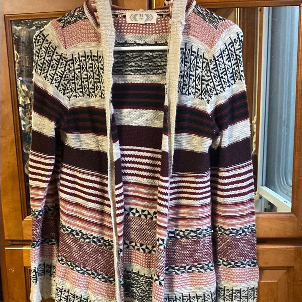 Pink Rose Hooded Burgundy, Cream And Black Cardigan Sweater